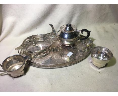 Silver tray marked with South Devon Hunt Pony Club 1974-77 plus plated tea service, teapot, hotwater pot, milk jug, sugar bas