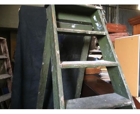 Large green painted wooden step ladder. 9 treads. Overall height 2m. 