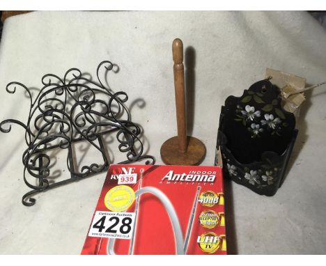Essential household kit: Wrought iron magazine rack , Indoor Antenna (One for All), vintage wooden kitchen roll holder, wroug