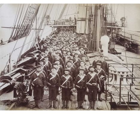 A good Royal Navy photograph album, circa 1883-95, compiled by Lieutenant Henry Bradshaw. Containing 148 albumen print photog