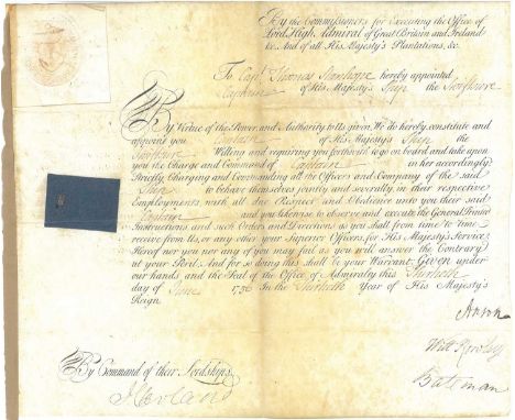 Royal Navy. Seven Years' War interest. A partially printed manuscript dated 30th June 1756 appointing Thomas Stanhope as Capt