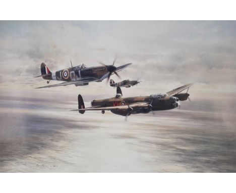 After Robert Taylor (b.1951)Memorial flight, coloured print, signed by Leonard Cheshire, Johnnie Johnson and Peter Townsend, 