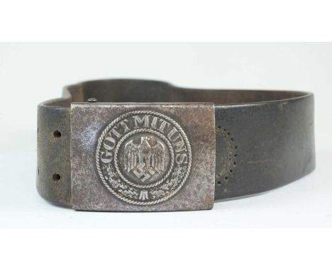 A German Third Reich Army leather belt with buckle, no visible markings, with horse-shoe stitching to the belt.