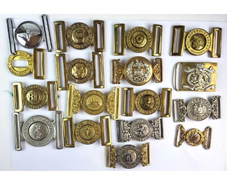 A collection of fifteen brass and white metal British Army regimental belt buckles plus two 1/2 buckles. Staffordshire Volunt