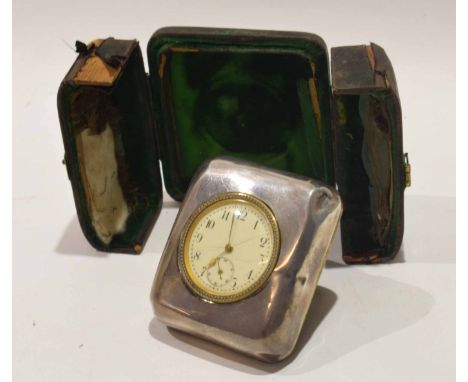French gilt metal cased circular faced bedside clock, with hallmarked silver mount in case, 7cm wide