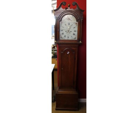 Longcase clock, the oak case with swan neck pediment, arched dial, the arch painted with a pheasant with painted dial below a