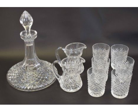 Cut glass ship's decanter and stopper together with two cut glass jugs and four tumblers (9)