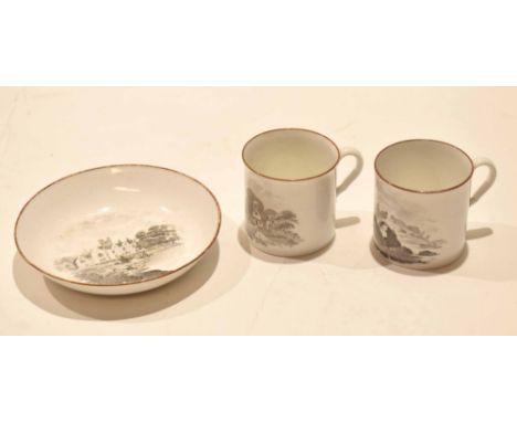 Two bat printed early 19th century coffee cans and a saucer, probably Spode, (3) 