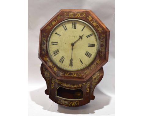 Brass inlaid 19th century wall clock, circular repainted face with Roman chapter ring, 60cm high