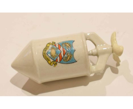 Rare crested ware model of the first bomb dropped by a Zeppelin on Sheringham, manufactured by Arcadian China for Bertram A W