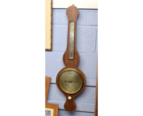 19th century mahogany wheel barometer with silvered dial and vernier, F Moulton, St Lawrence Steps, Norwich, 93cm high