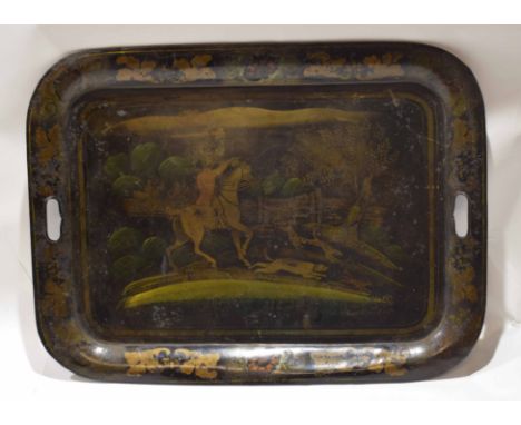 19th century Toleware tray of rectangular form with integral handles, gilt highlighted and painted border and field depicting