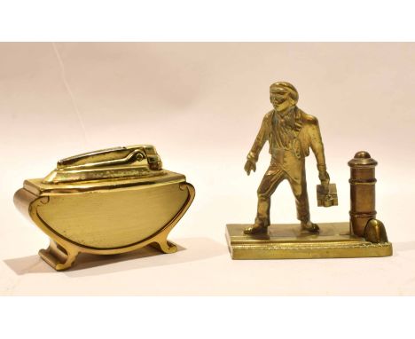 Ronson brass table lighter and further brass model of a workman, 9cm and 10cm long respectively (2) 