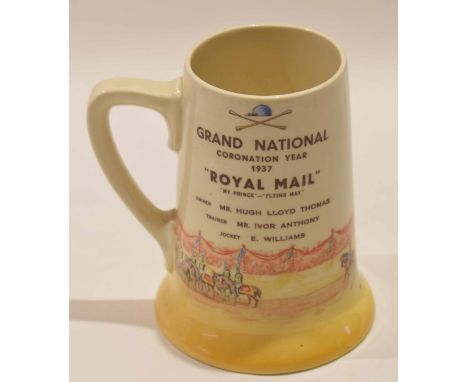 Royal Doulton jug with racing interest, the base inscribed "First of a series of sporting designs by Tiofani, potted by Royal