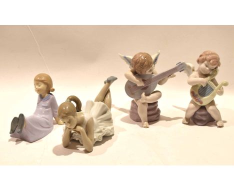 Group of Lladro figurines including two cherubs, one with harp, the other with banjo and two further child models (4)