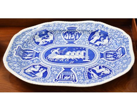 Spode signature collection large dish, limited edition 2001 with blue and white classical design within gadroon rim, 57cm lon