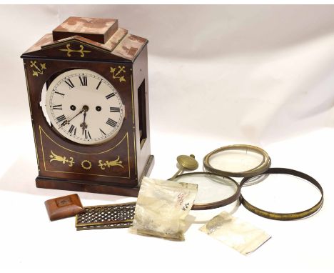 Mahogany brass inlaid bracket clock case together with a later (modern) face/movement etc, 42cm high 