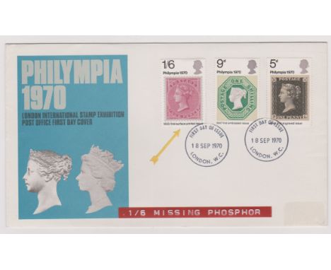 1970 - Philympia Exhibition Set on P.O. First Day Cover Error 1/6d missing phosphor. Ex Robert Auty Errors Collection