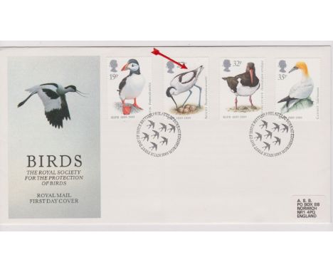 1989 (17 Jan) - Birds Set on bureau first day cover with variety 27p ex no dot R1./9 grey shading in back ground visible arou