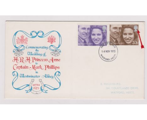 1973 - Royal Wedding Set on First Day Cover, variety 20p dropped embossing. Ex Robert Auty GB Errors Collection