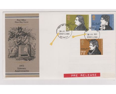 1971 - Literary Anniversaries Set on Post Office FDC, Kings Lynn First Day of issue hand stamps amended from 26 July 1971 (pr