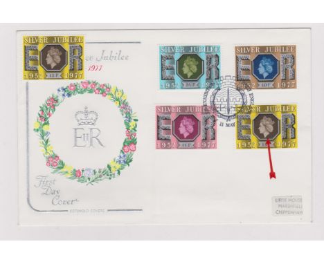 1977 - Royal Jubilee Set (4) on FDC with Exhibition Landscapes error. Dry print of borown 13p. Ex Robert Auty GB Errors Colle