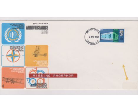 1969 - (2 April) Anniversaries  9d First Day Cover, Missing Phosphor. Ex Robert Auty GB Errors Collection