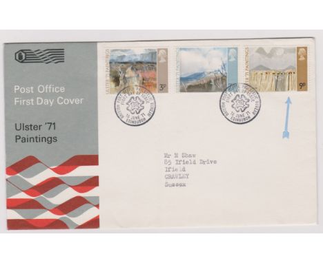 1971 - (16 June) Ulster Paintings Set on Post Office FDC Bureau First Day Cover issue date stamps error 9p missing phosphor. 