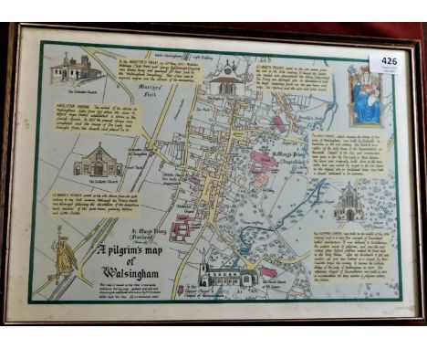 A Pilgrim's Map of Walsingham - showing catholic church - Orthodox Church etc., coloured print quite interesting measurements