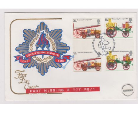 1973 - Fire Service Set on Cotswold FDC 3.1/2d part figure '3' missing (1904 Fire Engine). Ex Robert Auty GB Errors Collectio