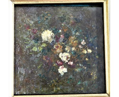 Vintage framed painting on tile, a floral design depicting a bouquet of flowers. Signed M.A. Measures 6" approx.