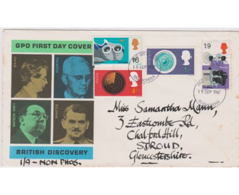 1967- (19 Sept) Discoveries Set First Day Cover, 1s9d  phosphor omitted error. Ex Robert Auty GB Errors Collection
