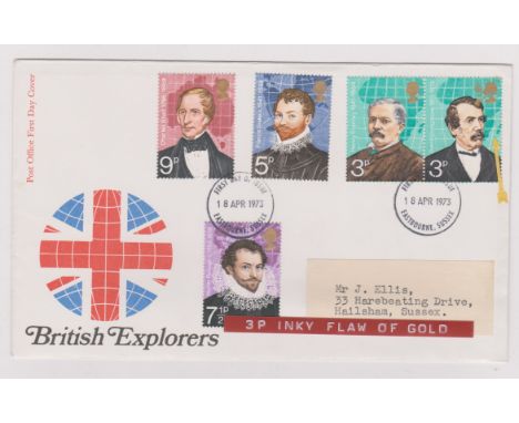 1973 - British Explorers Set - on Post office FDC 3p pinky flaw of good print. Ex Robert Auty GB Errors Collection