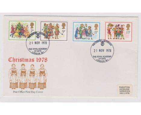 1978 - Christmas Set on P.O. First Day cover with  Royal Academy of Arts H/S - error pre-release 21 Nov 78 should be 22 Nov 7