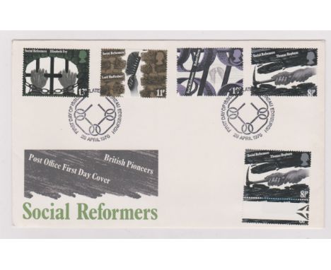 1976 - (28 April) Social Reformers Set - on Bureau First Day Cover, variety 8.1/2p perf shift. Ex Robert Auty GB Errors Colle