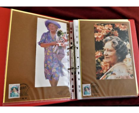 Prints-An album collection of prints of the Queen Mother with stamps on each print-coloured and R.P (30) very good condition