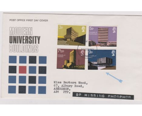 1971 - Universities Set on Post Office First Day Cover error 9p missing phosphor. Ex Robert Auty GB Errors Collection