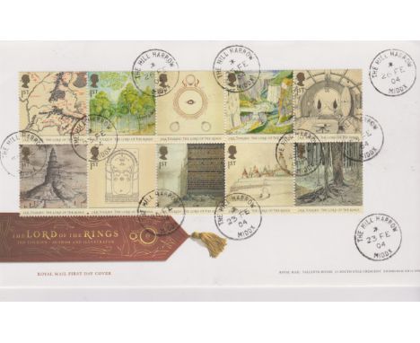 2004 - Lord of the Rings GPO FDC with The Hill, Harrow CDS dated 23 Feb, 3 days before issue on each stamp and also correct. 