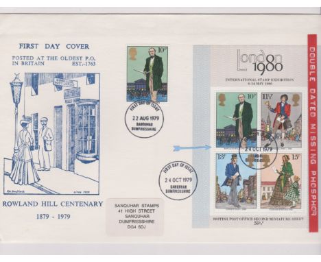 1979 - Rowland Hill Centenary - Double dated /First Day Cover (Sanquhar Stamps) error the min sheet (24 oct 79) missing phosp