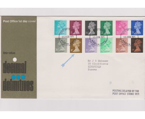 1971 - (15 Feb) 1/2p to 9p First Day Cover (Posting delayed by Post Office Strike) 4d error (ticketed at £75 M.Porter. Ex Rob