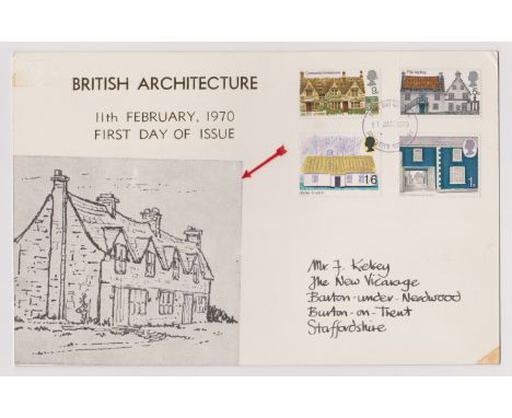 1970 - British Rural Architecture Set, Pre-release First Day Cover Jan 11th for Feb 11th with newspaper cuttings. Ex Robert A