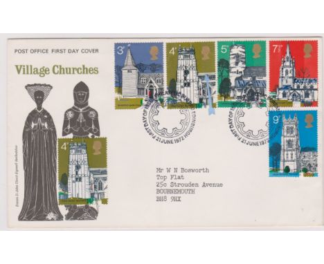 1972 - Village Churches Set on P.O. First Day Cover variety 4p heavily mottled back ground. Ex Robert Auty GB Errors Collecti