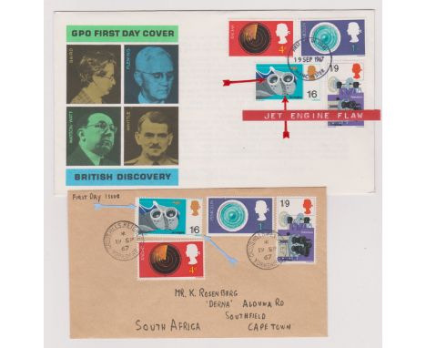 1967 - British Discovery Set FDCs two with minor shift, and Jet Engine flaw, third Post mark ERROR 19 October 67 FDI, one mon