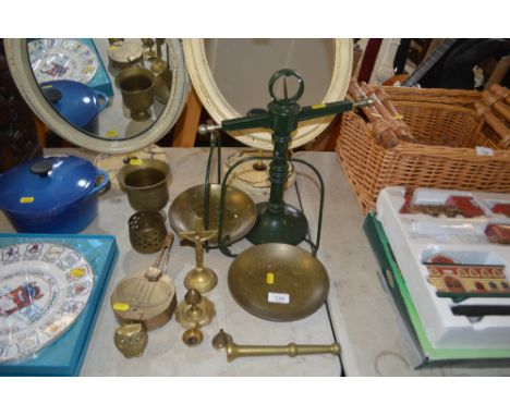 A quantity of metalware to include hanging scales; reproduction compass etc.