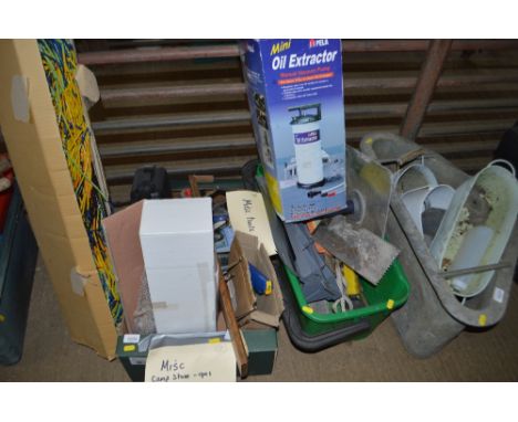 Two boxes of various hand tools; camping gas stoves etc.