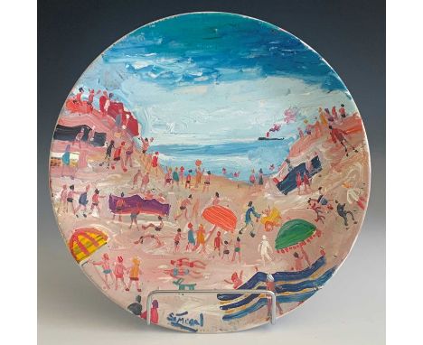 Simeon STAFFORD (b.1956)Beach Scene Oil on ceramic plateSigned Signed and dated 17.1.12 to base Diameter 26cm