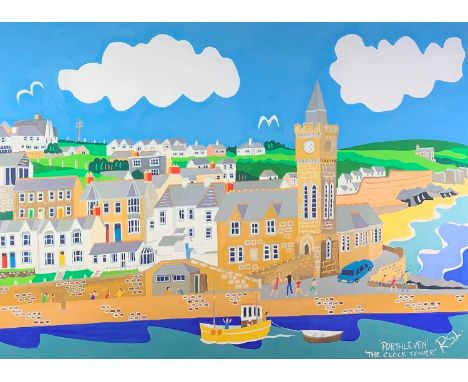 Richard Sidney LODEY (b.1950) Porthleven - The Clock Tower Acrylic and gouache on boardInscribed as titled and signed with in