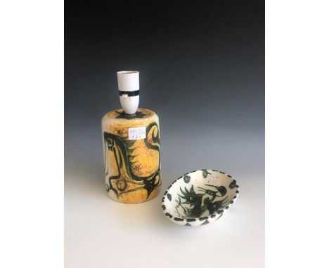 A Celtic Pottery Folk pattern lamp base decorated with a horse, height 14.5cm, together with a phoenix Celtic Pottery dish.