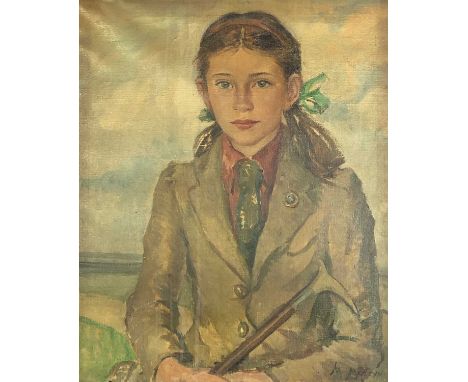 Marjorie MOSTYN (1893-1979)Portrait of a Girl, Holding a Riding CropOil on canvasSigned60 x 50cm