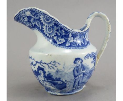 An early nineteenth century blue and white transfer-printed Spode Woodman pattern helmet-shaped creamer, c. 1825. It is marke